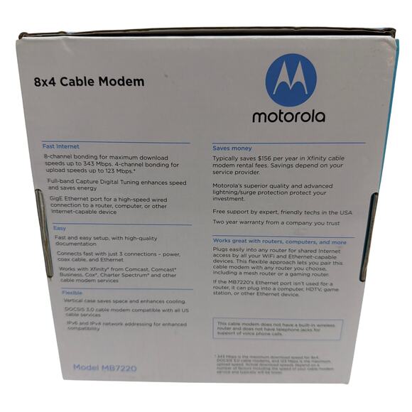 Motorola MB7220 DOCSIS 3.0 8x4 Cable Modem with Cables and Power Adapter - Picture 7 of 8